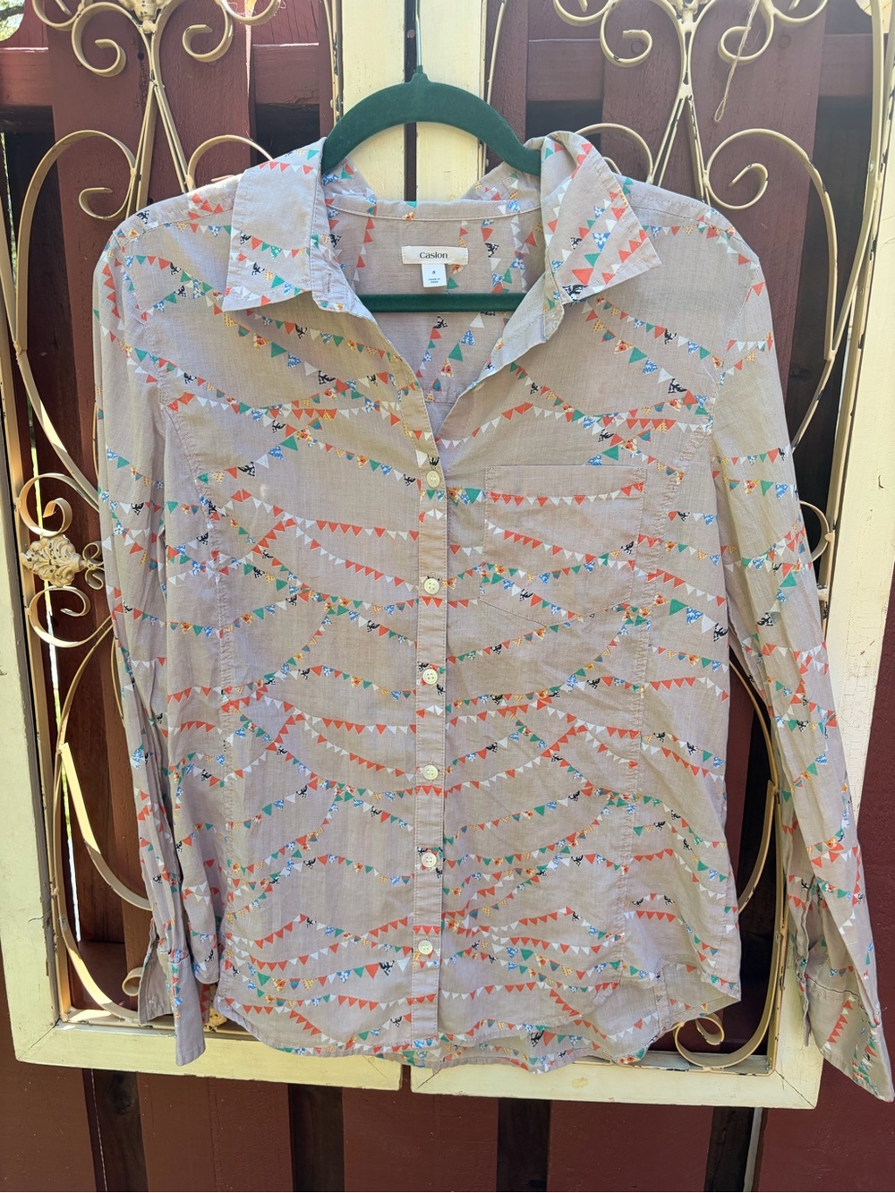 Caslon Beige Button-Down Shirt with Multicolor Triangle Banner Print